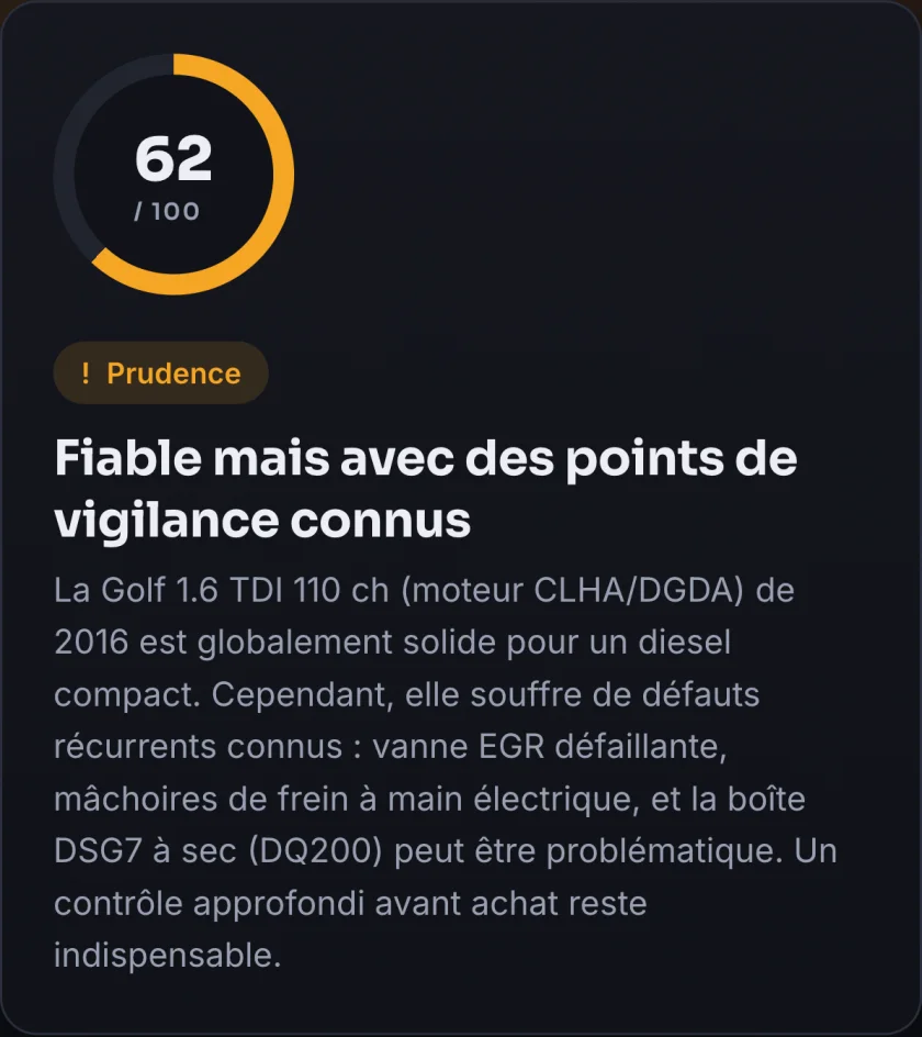 Skermskoot van die app: telling 62 uit 100, oordeel Versigtig, “Betroubaar, maar met bekende punte om dop te hou” vir ’n Golf 1.6 TDI van 2016.