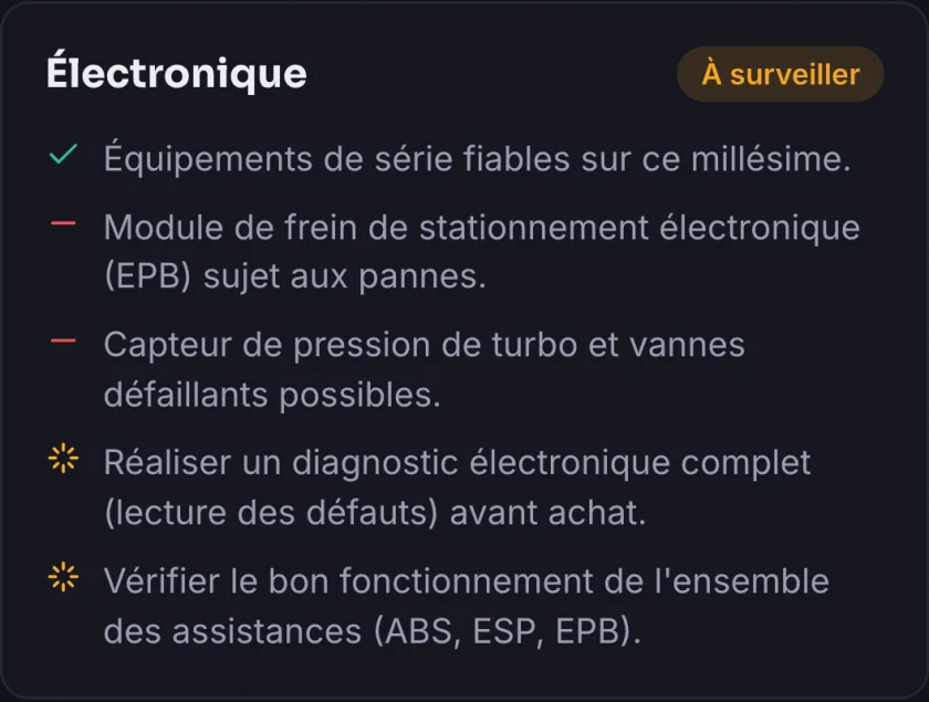 Skermskoot van die app: area Elektronika om dop te hou, elektroniese parkeerrem geneig tot foute.