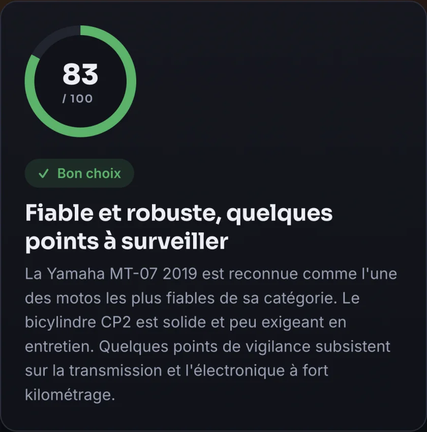 Skermskoot van die app: Yamaha MT-07 van 2019, telling 83 uit 100, oordeel Goeie keuse, “Betroubaar en robuust, ’n paar punte om dop te hou”.